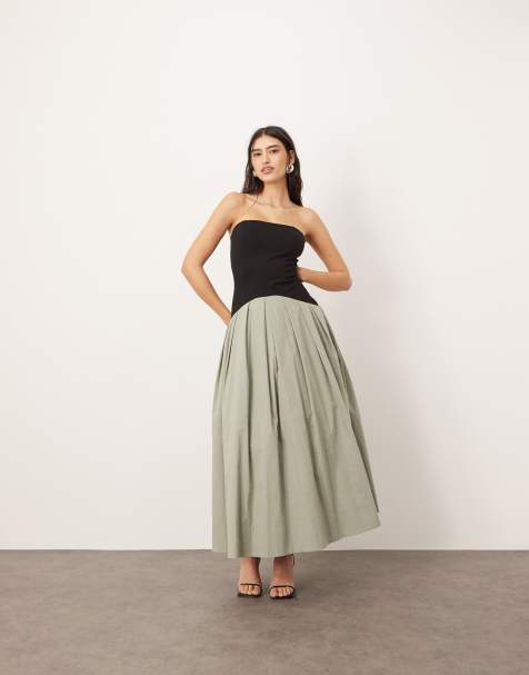 ARRANGE – Czarno-szałwiowa sukienka maxi z obniżoną talią i dekoltem bandeau - view 1