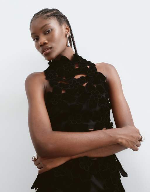 ARRANGE embroidered velvet quilted cut work halterneck top and midi skirt  in black, 2 z 3