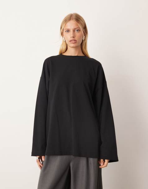 ARRANGE – Czarny bawełniany T-shirt oversize z długimi rękawami - view 1