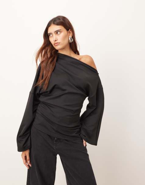 ARRANGE jersey off shoulder wide sleeve top with ruched hem in black