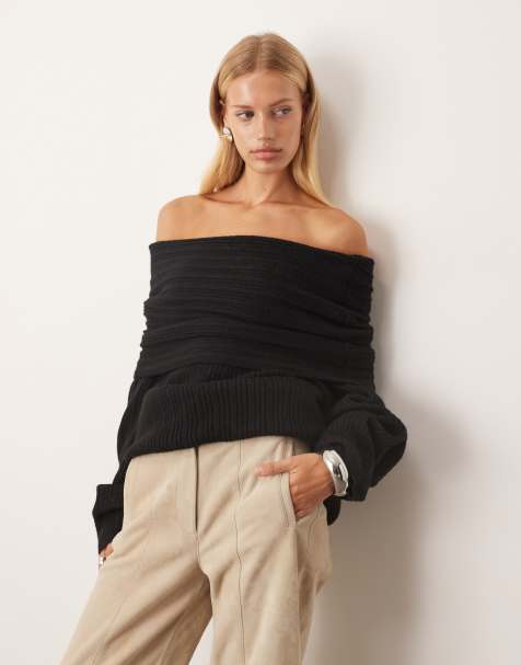 ARRANGE chunky rib knitted off shoulder jumper in black