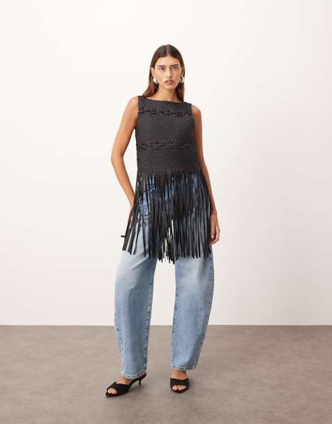 ARRANGE lattice handwoven top with fringe hem in black