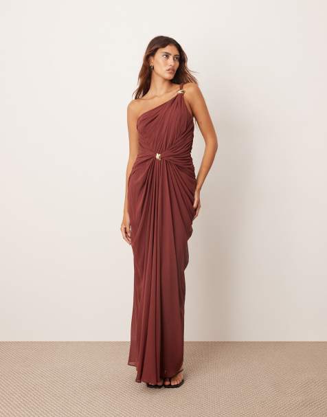 ARRANGE one shoulder draped twist detail maxi dress with metal trim detail in chocolate