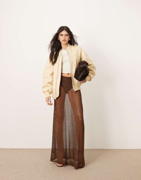 ARRANGE metallic knitted sheer sweeping maxi skirt in chocolate