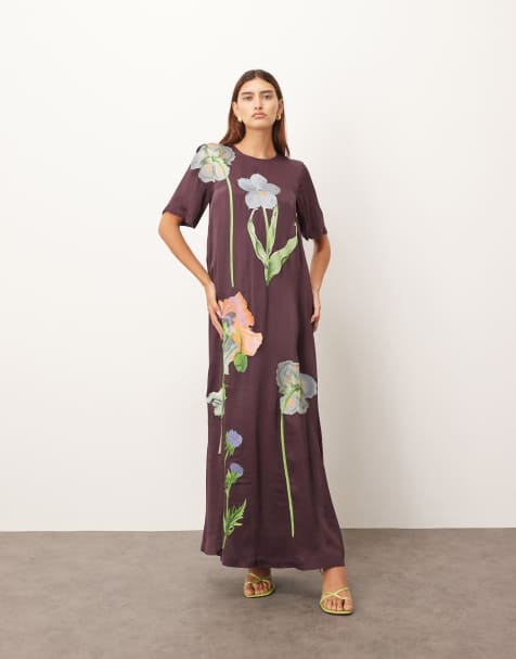 ARRANGE satin floral embroidered t-shirt maxi dress in chocolate