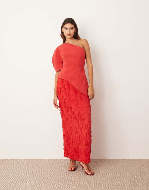 ARRANGE sculptural one shoulder texture hybrid maxi dress in red