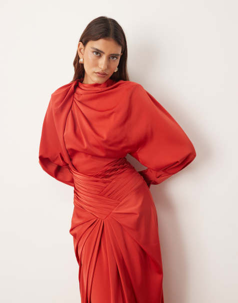 ARRANGE drape neck strong shoulder maxi dress with open back in red