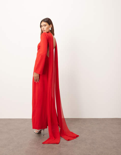 ARRANGE structured crepe long sleeve maxi dress with chiffon overlay in red