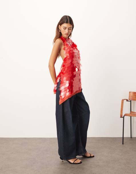 ARRANGE embellished shard sequin longline halter neck top in red