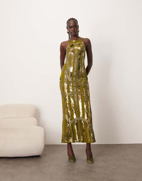 ARRANGE deco linear embellished racer neck maxi dress in olive - view 1