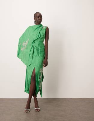 ARRANGE - Decon - Robe mi-longue à manche style cape et motifs incrustés - Vert