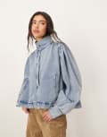 [ARRANGE] ARRANGE denim balloon sleeve button-up boxy shacket in light wash blue L 90's Light Wash Blue