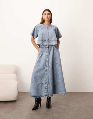 ARRANGE ARRANGE denim button through midi skirt co ord in mid blue wash