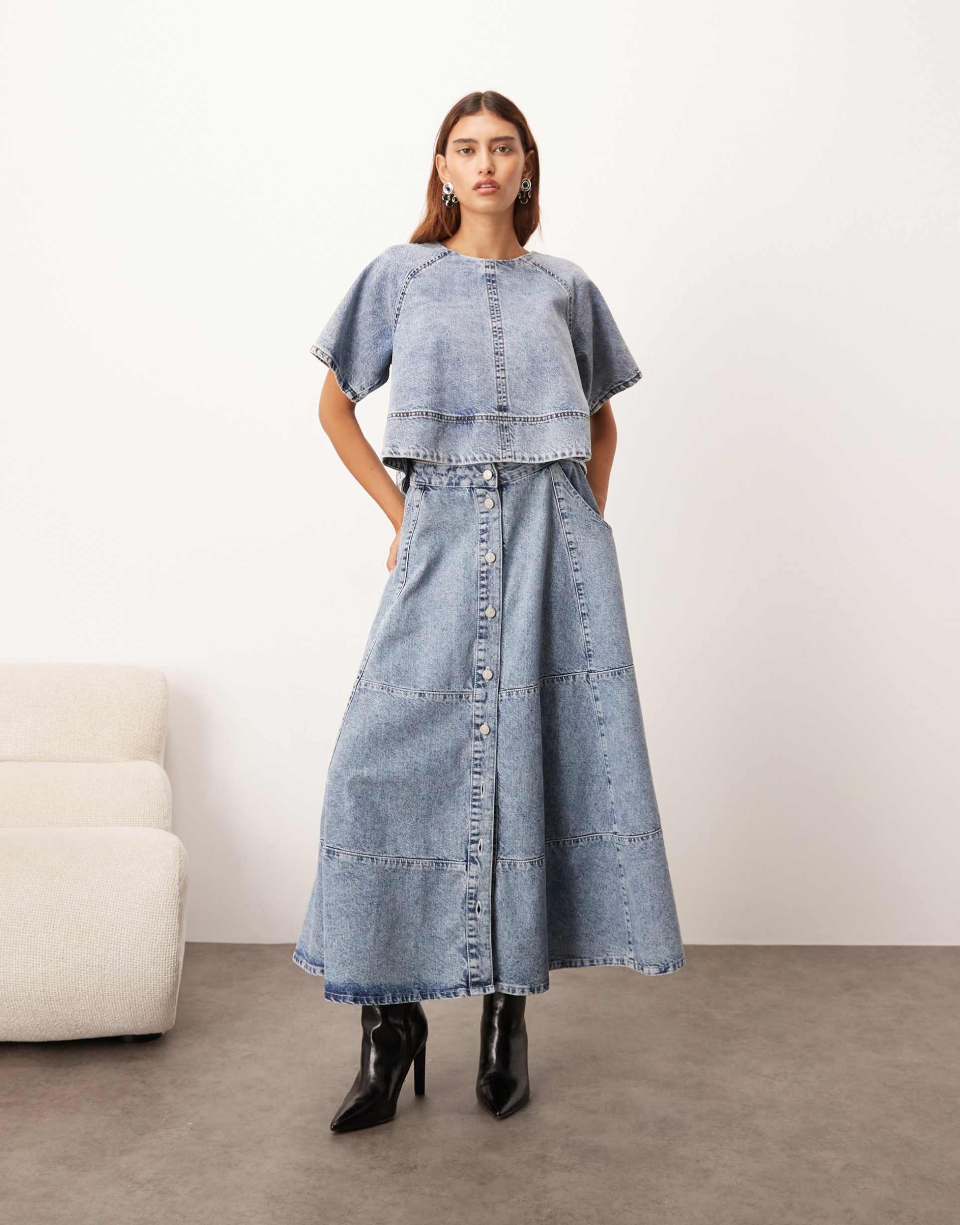 arrange denim button up midi skirt in mid-blue wash - part of a set
