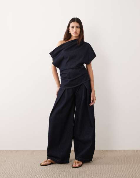 ARRANGE - Denim co-ord set met top en broek met geplooid detail in indigo - view 1