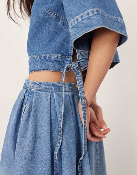 ARRANGE denim crop tab detail top and pleat midi skirt in dip dye light wash blue - view 1
