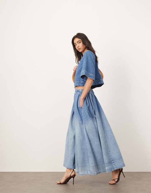 ARRANGE denim crop tab detail top in light wash blue - part of a set, 2 of 4