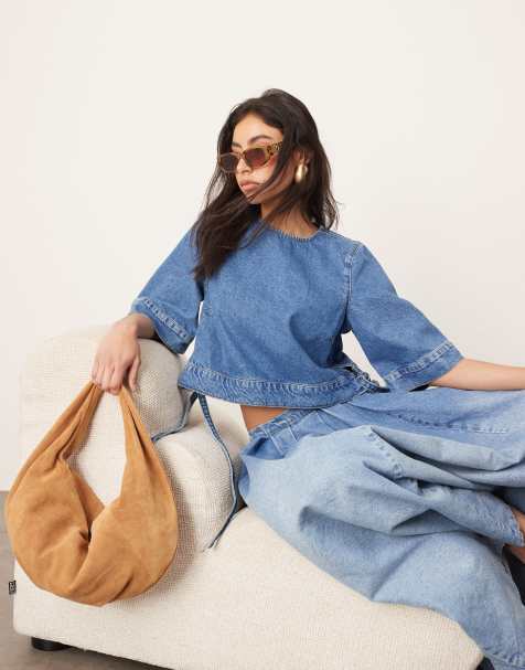 ARRANGE - Denim crop top met bandje in blauw met lichte wassing, deel van co-ord set - view 1