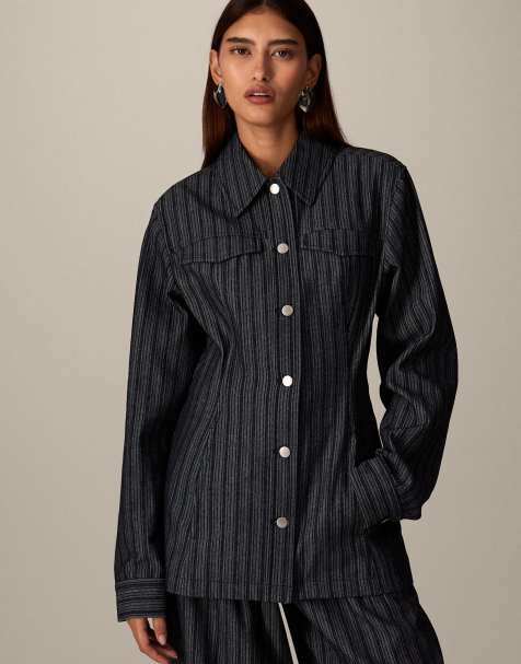 ARRANGE Denim-Jacquard-Jacke mit taillierter Taille und langen Ärmeln als Co-ord in Indigo - view 1