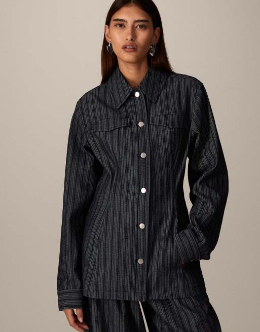 ARRANGE denim jacquard nipped waist jacket and wide leg trouser co ord in indigo, 3 of 3
