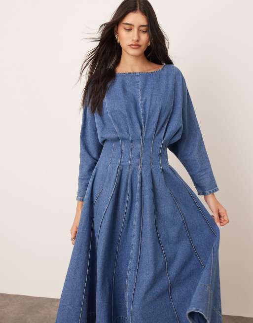 ARRANGE denim long sleeve midi dress with full skirt in mid blue