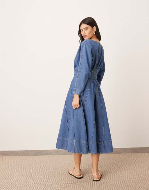 ARRANGE denim long sleeve midi dress with full skirt in mid blue
