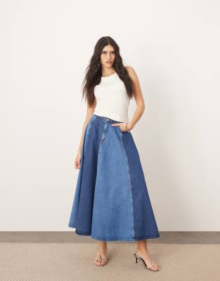 denim paneled maxi skirt in blue two tone