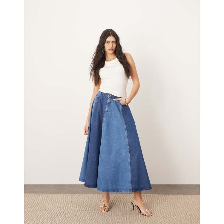 ARRANGE denim paneled maxi skirt in blue two tone | ASOS