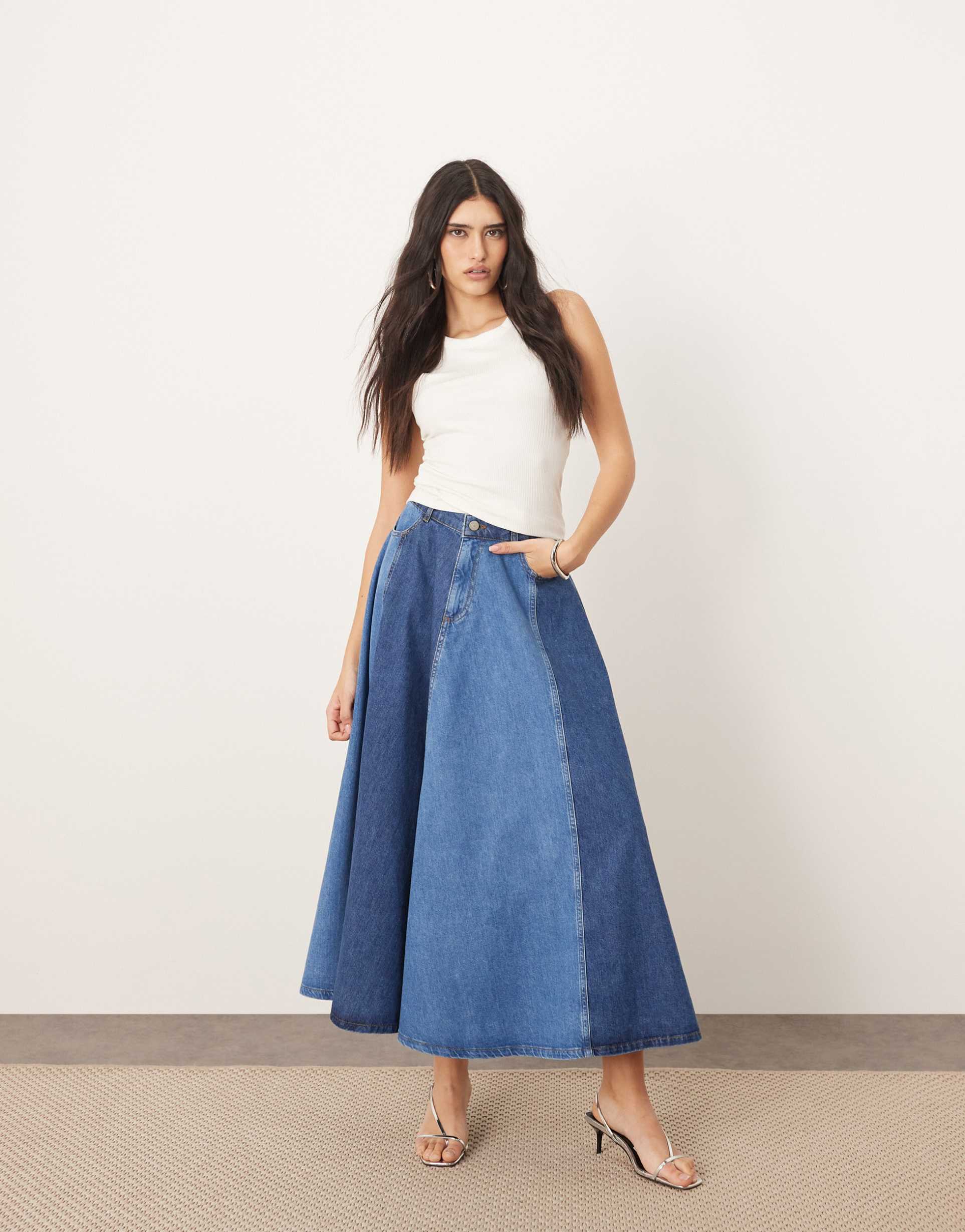 arrange denim paneled maxi skirt in blue two tone