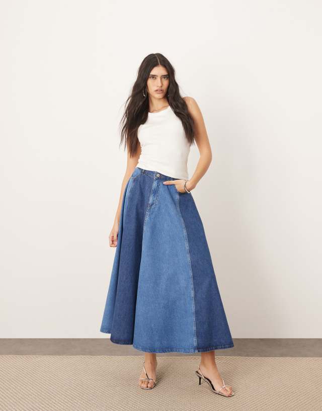 【2回着用】layered peplum denim jumper skirt ARRANGE denim paneled maxi skirt in blue two tone | ASOS
