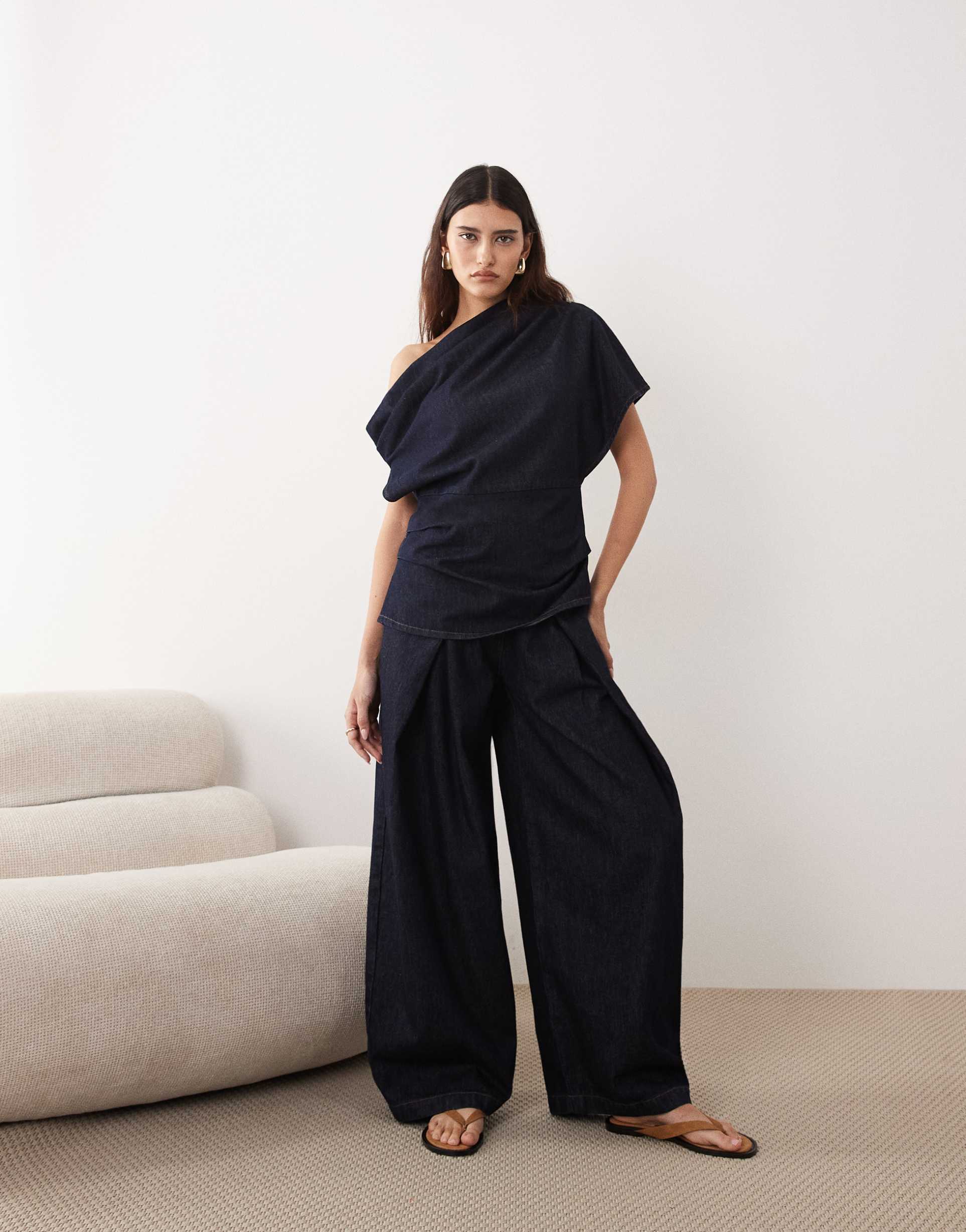 arrange denim pleat detail pants in indigo - part of a set