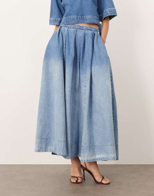 ARRANGE denim pleat midi skirt co-ord in dip dye light wash blue, 2 of 5