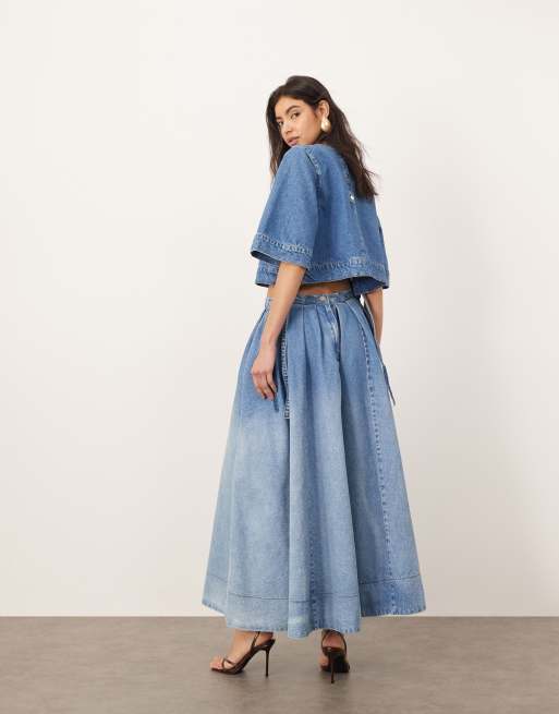 ARRANGE denim pleat midi skirt co-ord in dip dye light wash blue, 4 of 5