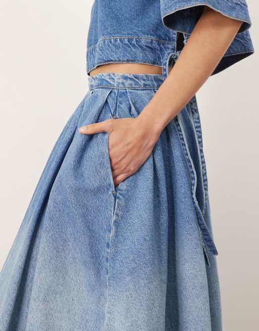 ARRANGE denim pleat midi skirt co-ord in dip dye light wash blue, 5 of 5