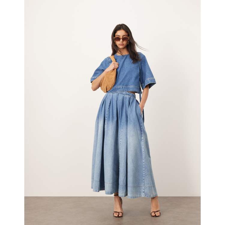【BAON】Rancho pleated denim banding midi skirt Our Grunge Punk Women's Waist-Paneled Raw-Edge Pleated Denim