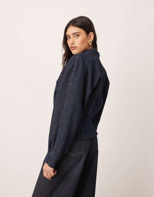 ARRANGE denim sculpted jacket with button detail in indigo, 3 of 4