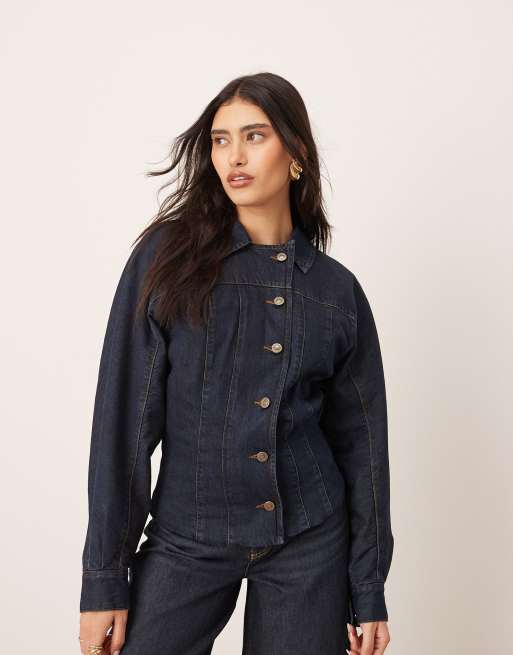 ARRANGE denim sculpted jacket with button detail in indigo, 4 of 4