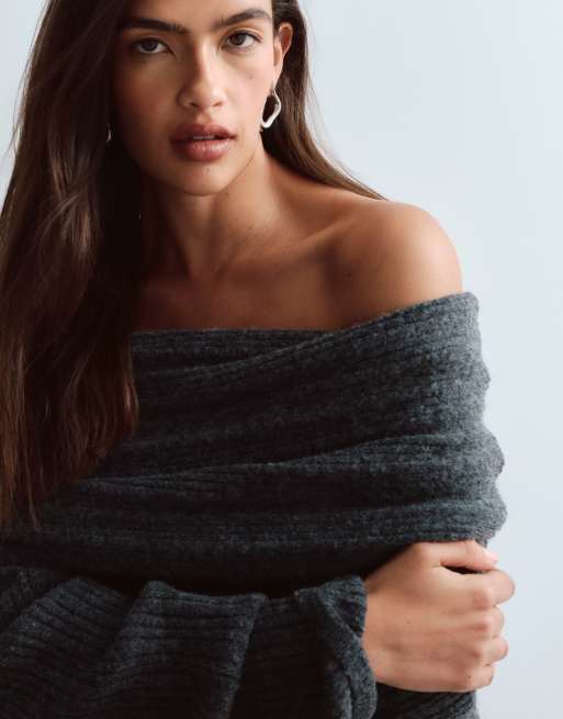 ARRANGE dikke geribbelde off-shoulder trui in zachtgrijs, 4 van 4