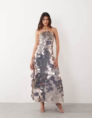 Arrange Disc Sequin Crescent Bandeau Maxi Dress In Silver