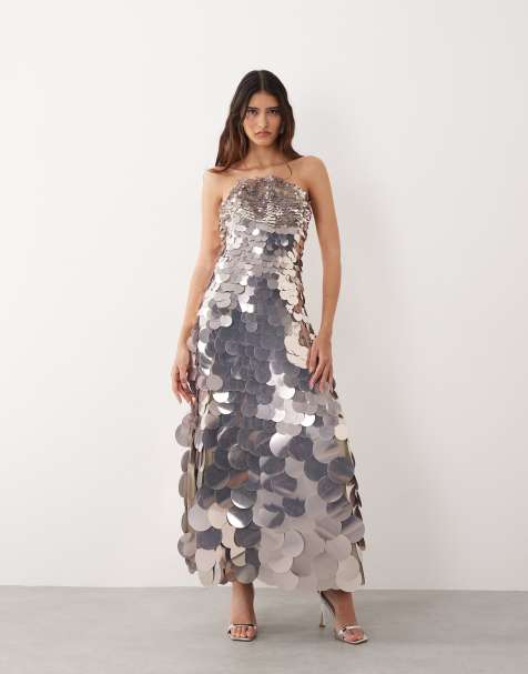 ARRANGE disc sequin crescent bandeau maxi dress in silver - view 1