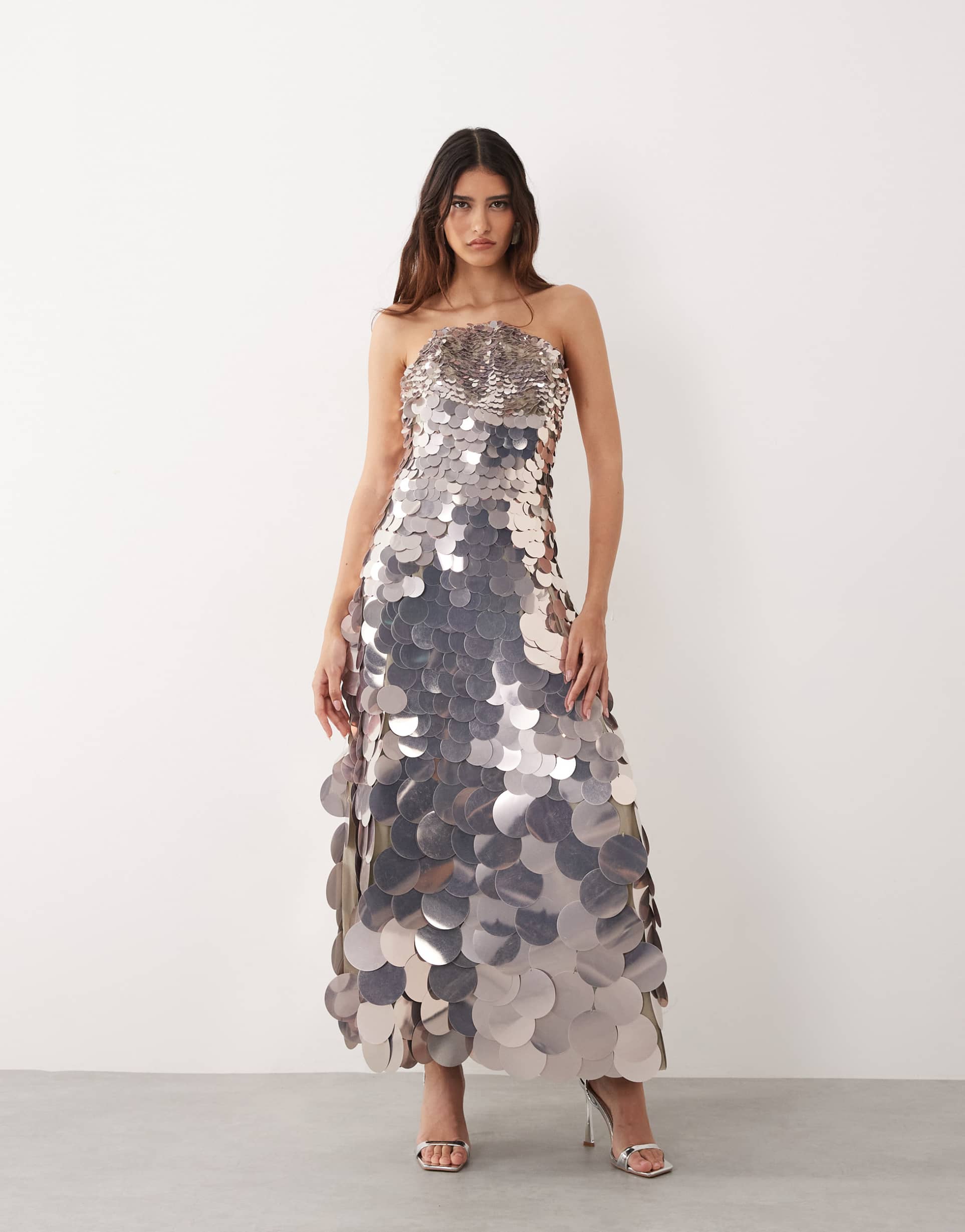 arrange disc sequin crescent bandeau maxi dress in silver