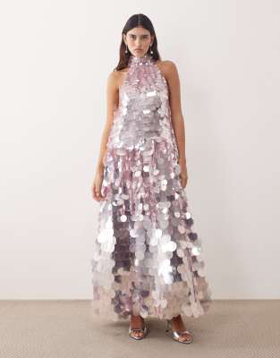 Arrange Disc Sequin Halter Trapeze Maxi Dress In Purple