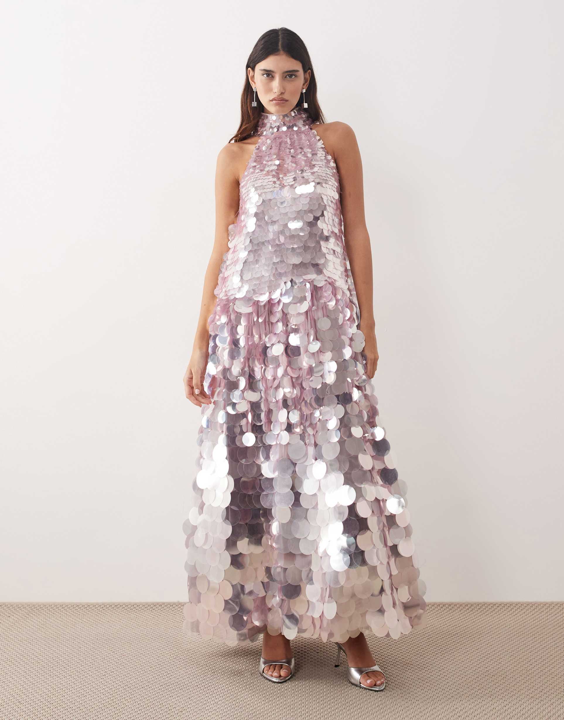 arrange disc sequin halter trapeze maxi dress in lilac