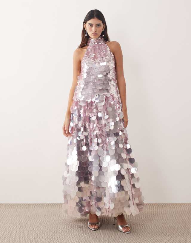 halter trapeze maxi dress ARRANGE disc sequin in lilac floral chiffon halter neck dress