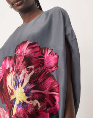 Arrange Distorted Floral Embroidered Cocoon Mini Dress In Gray