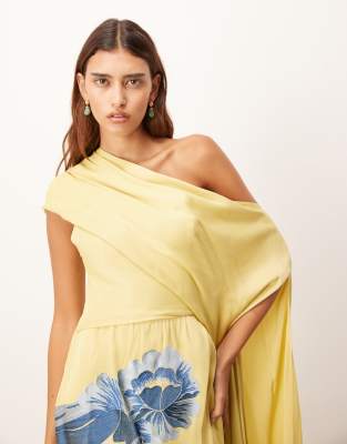 Arrange Distorted Floral Embroidered Fallen Shoulder Drape Maxi Dress In Yellow