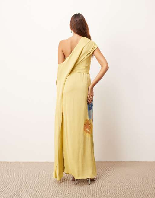ARRANGE distorted floral embroidered fallen shoulder drape maxi dress in olive