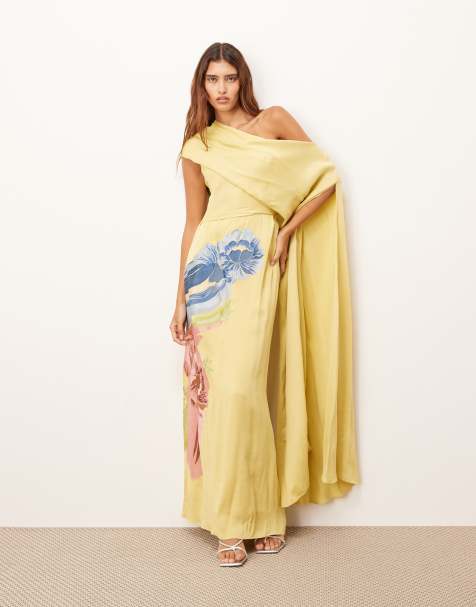 ARRANGE distorted floral embroidered fallen shoulder drape maxi dress in yellow - view 1