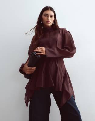 Arrange Dome Sleeve Seam Detail Organza Top With Button Down Back In Brown