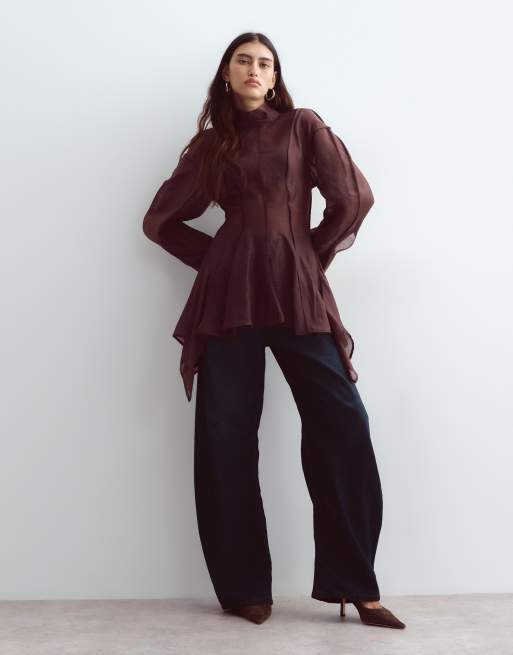 ARRANGE dome sleeve seam detail organza top with button down back in chocolate, 2 of 4